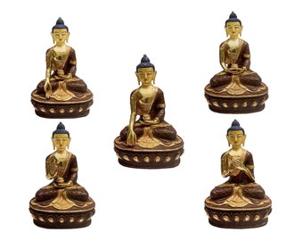 Buddhistisches Statuen-Set von Shakyamuni, Vairocana Buddha, Amitabha, Ratnasambhava Buddha, Amoghasiddhi Buddha, teilweise vergoldet, Gesicht bemalt