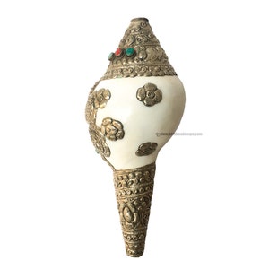 11 inch, Conch Shell With Om Mani Padme Hum, And Stone Setting, White And Silver Color