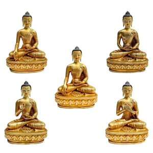 Buddhist Statue of Pancha Buddha Set of Shakyamuni, Amitabha, Ratnasambhava, Vairocana, Amoghasiddi Buddha, Full Gold Plated, Face Painted
