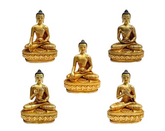 Buddhistische Statue von Pancha Buddha Set aus Shakyamuni, Amitabha, Ratnasambhava, Vairocana, Amoghasiddi Buddha, Vollvergoldet, Gesicht bemalt