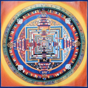 39 inch, Buddhist Hand Painted Tibetan Thangka Of Kalachakra Mandala Thangka Painting, Red Colour