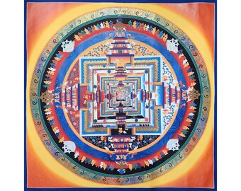 39 inch, Buddhist Hand Painted Tibetan Thangka Of Kalachakra Mandala Thangka Painting, Red Colour