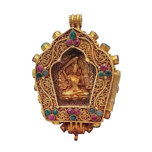 1 inch, Sterlin Silver Tibetan Ghau Box With Manjushree, Gold Plated, Stone Setting
