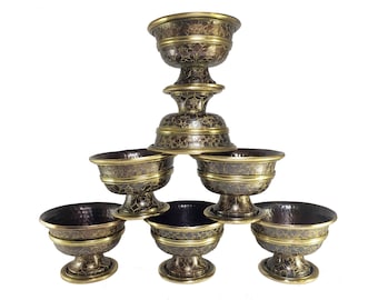 3 inch, Medium Copper Offering Bowl With Stand And Hand Carving 7 Pcs Set, In Antique Finishing, Made in Nepal