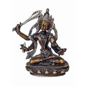 4 inch, Buddhist Miniature Statue Of Maha Manjushree, Chocolate Oxidized