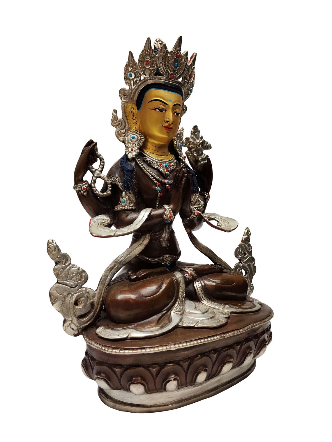 12 Inch, Buddhist Handmade Statue of Chenrezig, Silver Plated and ...