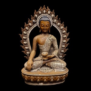 4 inch, Buddhist Miniature Statue Of Shakyamuni Buddha, Silver And Chocolate Oxidized