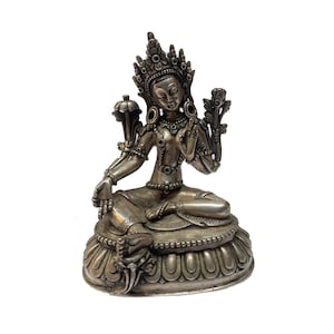 Statue of Green Tara, Masterpiece, Sterling Silver, 320 Gram, Old Stock, Ritual, Handicraft, Rare