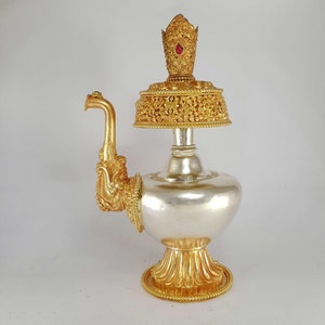 11&#39;&#39; Inches, HQ, Extra Large Copper Bhumpa- Bhumba, Fine Carving, Gold And Silver Plated