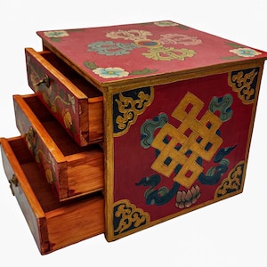 10 inch, Tibetan Box, With Three Drawers, Double Dorje & Endless Knote, Painted, Hand Carved, Made in Nepal
