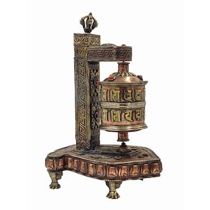 Buddhist Handmade Wall Prayer Wheel with Mantra Inside,  Stone Setting.