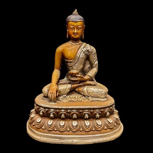 3 inch, Buddhist Miniature Statue Of Shakyamuni Buddha, Silver And Chocolate Oxidized