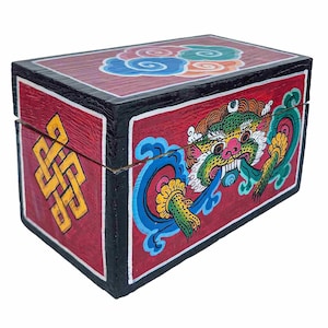 Traditional Tibetan, Ritual Jeweler and Ritual Item Box with Dragon Design and Endless Knot,  Painted