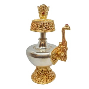 8 inch, Buddhist Handmade Bhumpa- Bhumba Copper Offering Bowl Set, Silver And Gold Plated