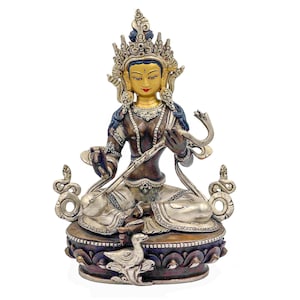 9 inch, Hindu Handmade Statue Of Saraswati, Chocolate Oxidation With Silver Plating, With Painted Face