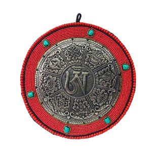 12 inch, Traditional Tibetan, Ritual Wall Hanging Of Ashtamangala Mandala With OM, Round Shape, Stone Setting