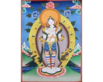 10 inch, Art From Bhaktapur, Buddhist Handmade Thangka Painting Of Bodhisattva, Antique, Real Gold