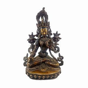 Statue of White Tara, Buddhist Statue, chocolate Oxidation, Lost-Wax system, Handicraft