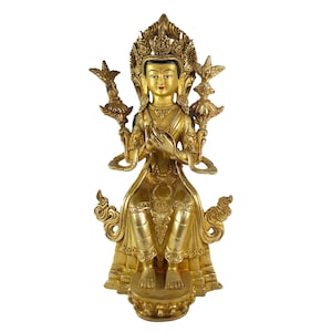 10 inch, Buddhist Statue Of Maitreya Buddha, Full Gold Plated And Painted Face