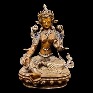 3 inch, Buddhist Miniature Statue Of Green Tara, Silver And Chocolate Oxidized