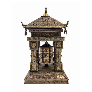 14 inch, Buddhist Handmade Table Top Prayer Wheel With Mantra Inside, Stone Setting