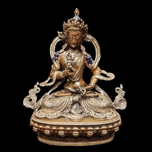 4 inch, Buddhist Miniature Statue Of Vajrasattva, Silver And Chocolate Oxidized