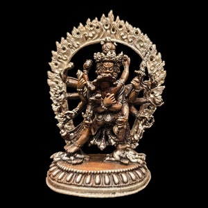 4 inch, Buddhist Miniature Statue Of Kalachakra, Silver And Chocolate Oxidized
