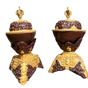 Kapala in Pair , 7.6 inches, Handmade Tibetan, Buddhist Ritual item, Partially Gold and Silver Plated, Religious Ceremony, made in Nepal
