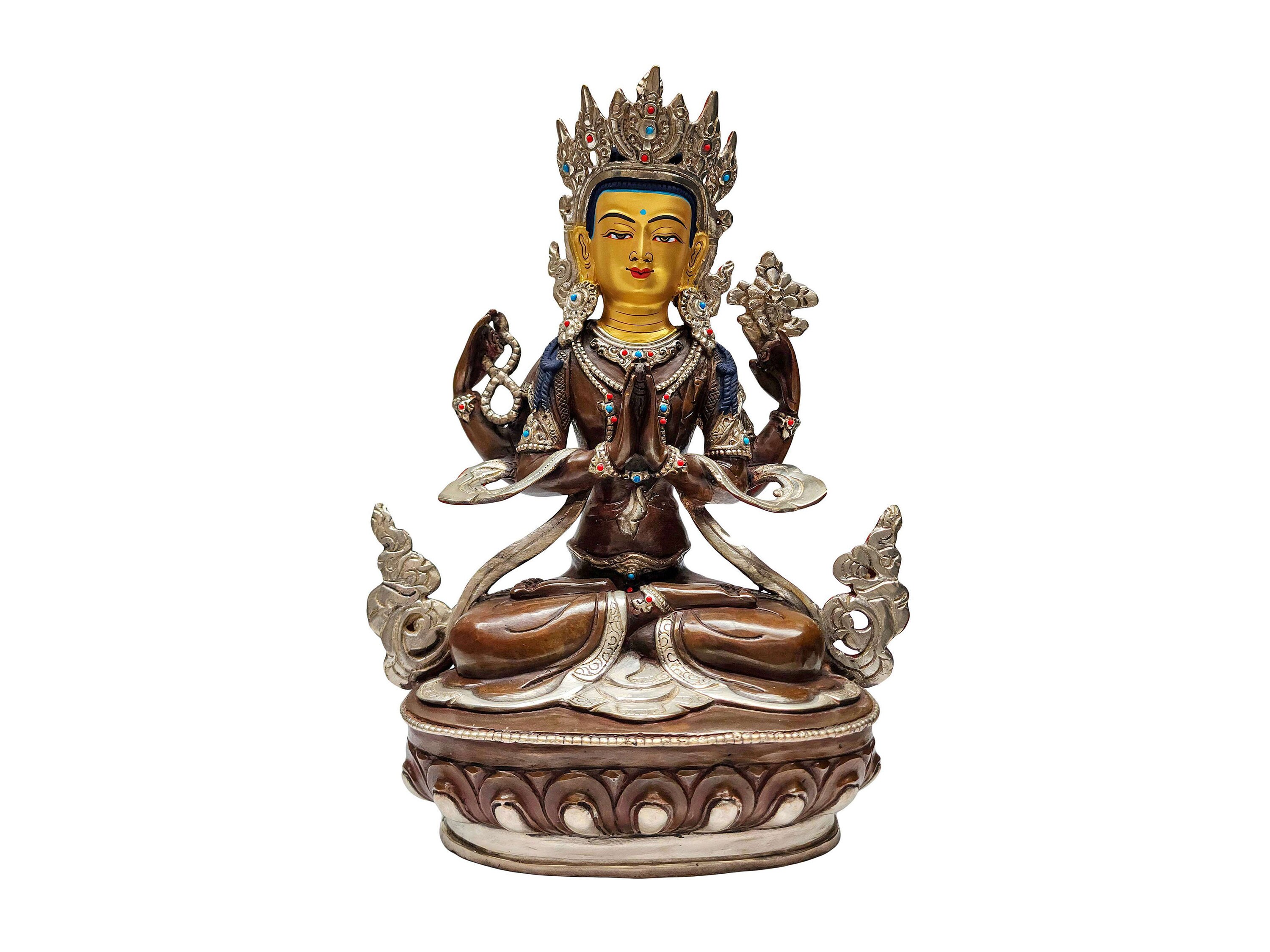 12 Inch, Buddhist Handmade Statue of Chenrezig, Silver Plated and ...