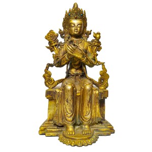 11 inch, Buddhist Statue Of Maitreya Buddha, Full Gold Plated Antique Finishing