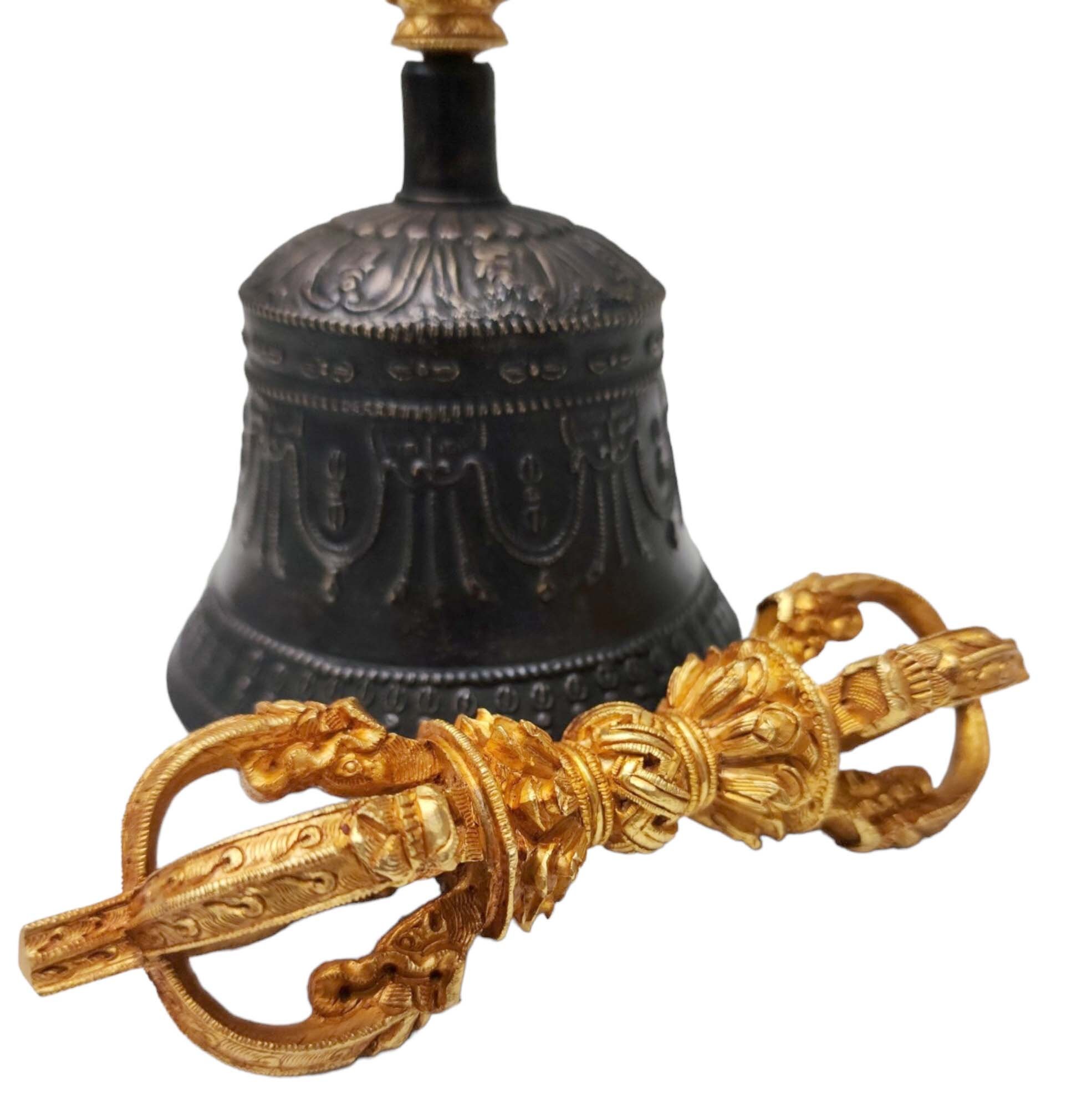 7 Inch, Dehradun Bell and Dorje Vajra, Bronze, High Quality, Full