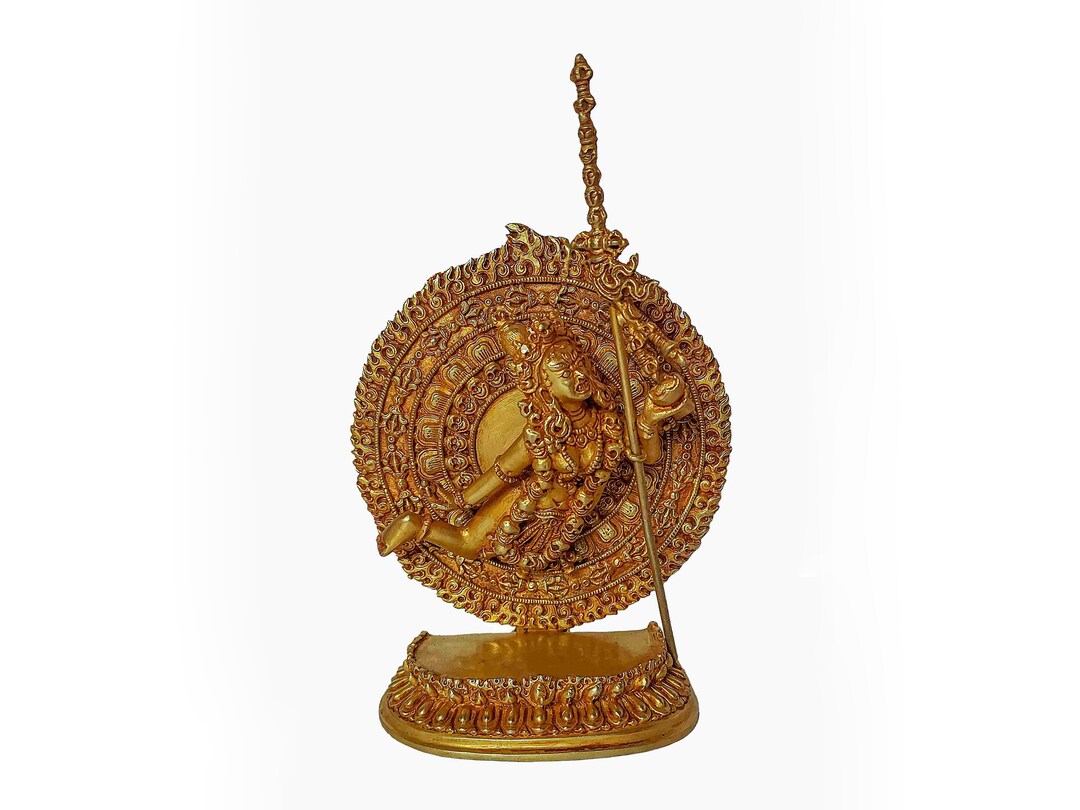 7 Inch, Buddhist Round Miniature Statue of Akash Yogini, Full Gold ...