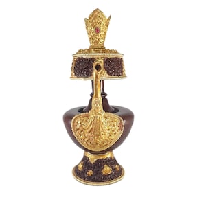 9 inch, HQ, Large Copper Bhumpa- Bhumba, Fine Carving, Partly Gold Plated