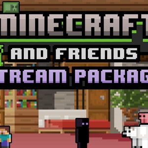 Puede incluir: Un paquete de transmisión en directo de Minecraft con un personaje Creeper verde, un personaje morado y negro, y un oso polar blanco con un cerdo rosa en la espalda. El texto "Minecraft and Friends Stream Package" se muestra en la imagen.