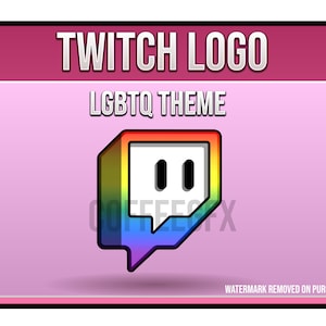Op de afbeelding: Een roze en witte afbeelding met de tekst "Twitch Logo" en "LGBTQ Theme". Een regenboogkleurig Twitch-logo bevindt zich in het midden van de afbeelding. De tekst "Watermark removed on purchase" staat onderaan de afbeelding.