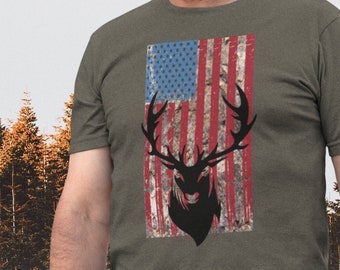 Deer Hunting Shirt, Distressed USA Flag Whitetail Deer Buck T-shirt For Hunters, Patriotic Hunter Silhouette shirt for Dad, Gift For Husband