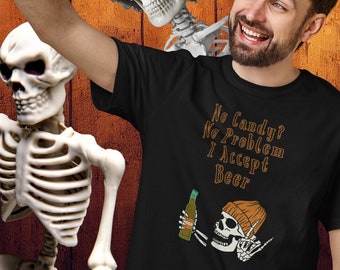 Funny Adult Skeleton Halloween Shirt, Spooky Season T-shirt, Halloween Party Skull Drinking Tee, Trick or Treat, Trendy Beer Lover Tshirt