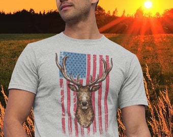Deer Hunting Shirt, Distressed American Flag Whitetail Deer Buck T-shirt For Hunters, Patriotic Hunter T shirt for Dad, Gift For Husband