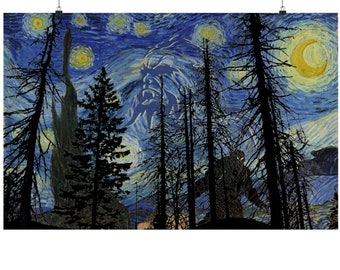 Starry Night Bigfoot Poster, Cryptid Wall Art, Sasquatch Gift, Van Gogh, Yeti, Cryptozoology Lover, Cabin Wall Decor, Man Cave, She Loft