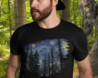 Starry Night Bigfoot Shirt, Cryptid Tshirt, Sasquatch Gift, Van Gogh, Yeti, Cryptozoology Lover, Family Outdoor Hiking, Vacation, Camping
