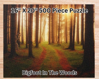 Bigfoot Puzzle, 500 Piece Jigsaw Puzzle, Cryptid Gift, Sasquatch in the Forest, Unique Family Jigsaw Puzzle, 16X20 inch, Sunset In The Woods