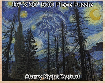 Bigfoot Starry Night Puzzle, Cryptid 500 Piece Jigsaw Puzzle, Sasquatch Gift, Van Gogh Puzzle, Yeti, Cryptozoology Lover, Family Cabin Games