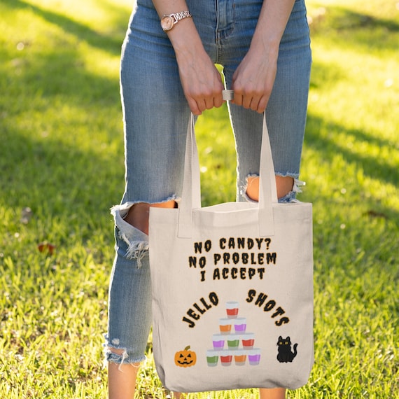 Trick or Treat Bag, Adult Halloween Tote, Gifts for Halloween, Drinking Bags, Black Cat, Loot Bags, Canvas Tote, Funny Jello Shot Treat Sack