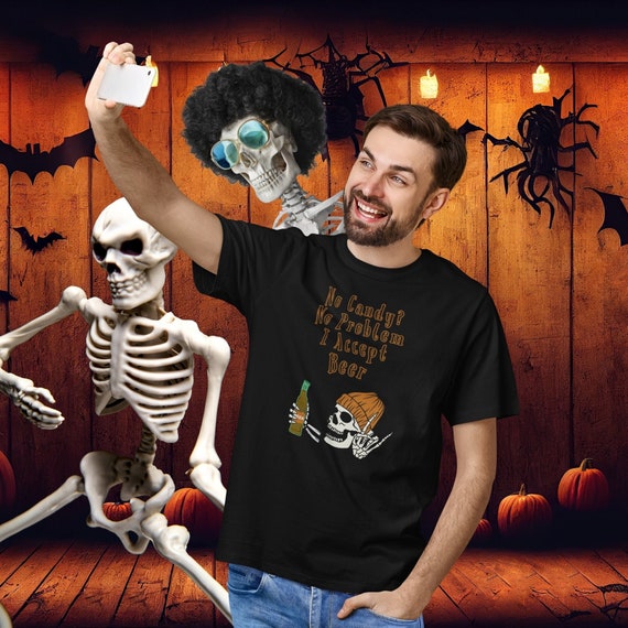 Funny Adult Skeleton Halloween Shirt, Spooky Season T-shirt, Halloween Party Skull Drinking Tee, Trick or Treat, Trendy Beer Lover Tshirt