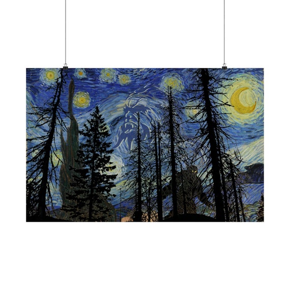 Starry Night Bigfoot Poster, Cryptid Wall Art, Sasquatch Gift, Van Gogh, Yeti, Cryptozoology Lover, Cabin Wall Decor, Man Cave, She Loft