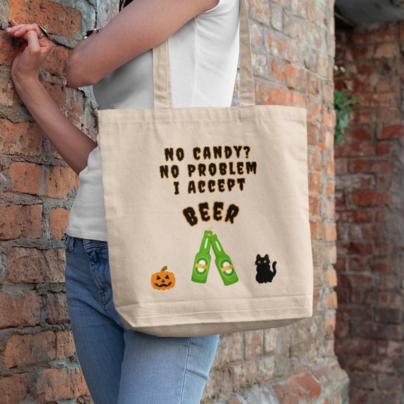 Trick or Treat Bag, Adult Halloween Tote, Gifts for Halloween, Drinking Bags, Black Cat, Loot Bags, Canvas Tote, Funny Beer, Swag Bag