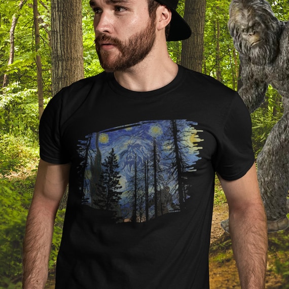 Starry Night Bigfoot Shirt, Cryptid Tshirt, Sasquatch Gift, Van Gogh, Yeti, Cryptozoology Lover, Family Outdoor Hiking, Vacation, Camping