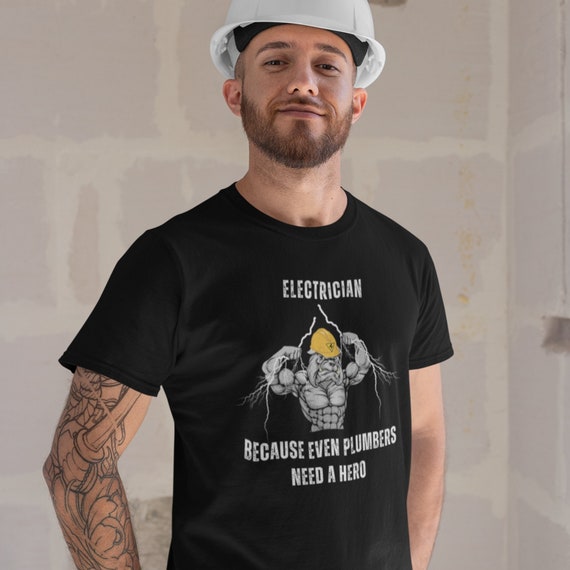 Electrician Shirt, Electrical Journeyman Apprentice Lineman Gift, Sparky Tshirt, Even Plumbers Need A Hero, Hard hat Muscular Dog Lightning