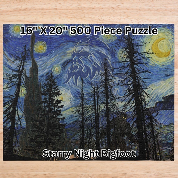 Bigfoot Starry Night Puzzle, Cryptid 500 Piece Jigsaw Puzzle, Sasquatch Gift, Van Gogh Puzzle, Yeti, Cryptozoology Lover, Family Cabin Games