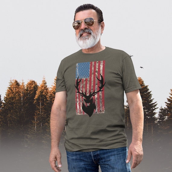 Deer Hunting Shirt, Distressed USA Flag Whitetail Deer Buck T-shirt For Hunters, Patriotic Hunter Silhouette shirt for Dad, Gift For Husband